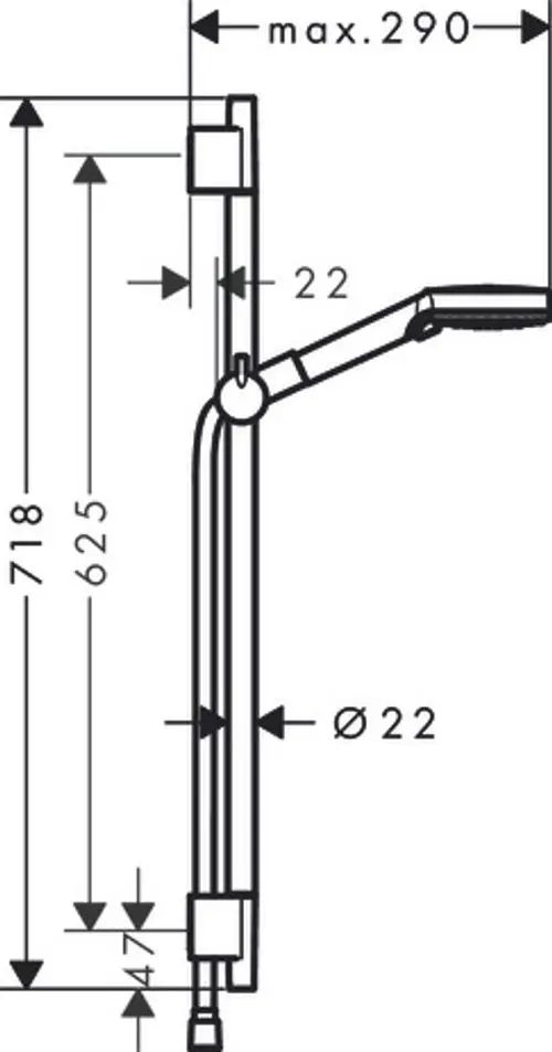 Hansgrohe Brauseset mit schmaler Brausestange und Halterung. Grafische Darstellung mit Maßangaben und Durchmessern, keine spezifischen Maße erkennbar.